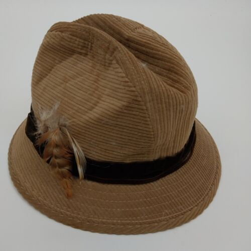 Country Gentlemen Trav'ler Tan Corduroy Fedora Hat w/Black Lined Feathers 11"