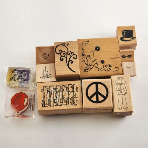 Lot of 12 Wooden Mounted Rubber Stamps Flowers Baskets Hearts and Animals VTG