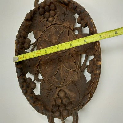 Wooden Hand-Carved Black Forest Serving Tray w Grape & Foliate Wall Decor 11x7"