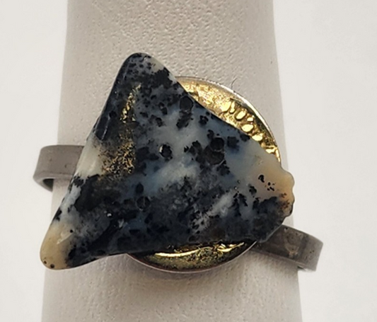 Adjustable Silver Tone Dalmatian Stone Ring Triangle Shape Size 6.75-7