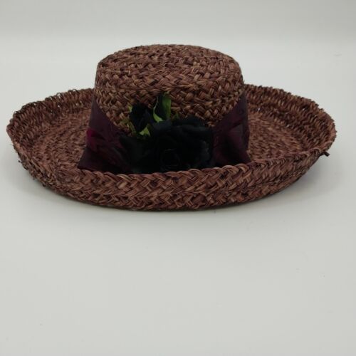 Purple Woven Straw Sun Hat Bow with Black Rose Grosgrain Floral Flower Band 15"