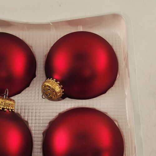 Krebs Glass Christmas Ornaments Red Satin Pearl 6 Pk Vintage Boxed Crown Top 2½"