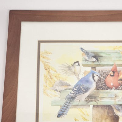 Marjolein Bastin Blue Skies Art Print of Birds Eating at Feeder Framed 18x15.5"