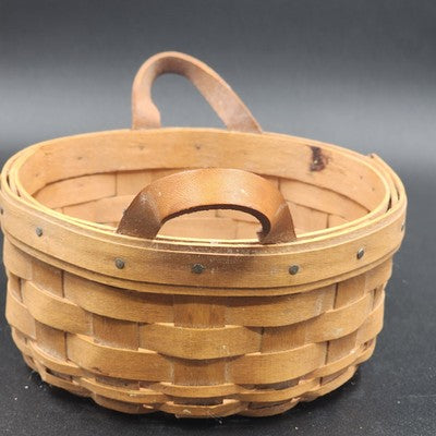 Longaberger Handwoven Button Basket w Leather Handles 6.5" Classic Stain 1997