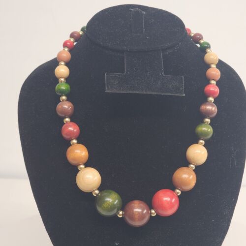Multicolor Wood Bead Necklace Gold Tone Accents 16" Strand Spring Ring Clasp Vtg