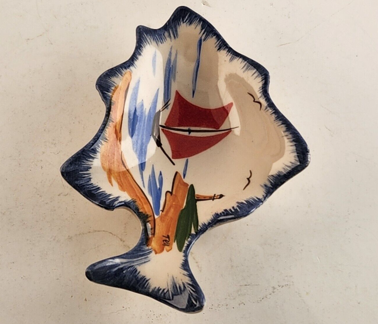 Vintage Tell UK Ceramic Nautical Trinket Dish Sailboat Fish Signed Tray