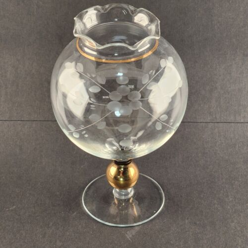 Clear Globe Vase Floral Etched Glass Pedestal Scalloped Gold Trim Vintage 8"