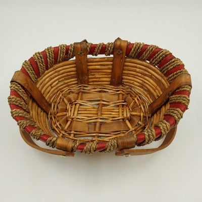 Wood Rattan Picnic Fruit Basket Swivel Handle Woven Red Rim 11x8.5"