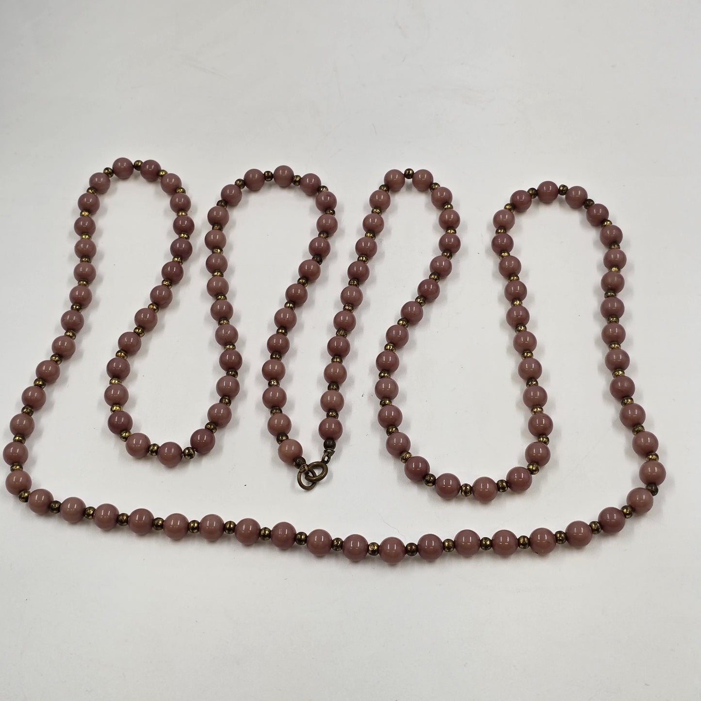Gold Tone Pink Shiny Glass Faux Pearl Stone Bead Long Necklace 26.5"