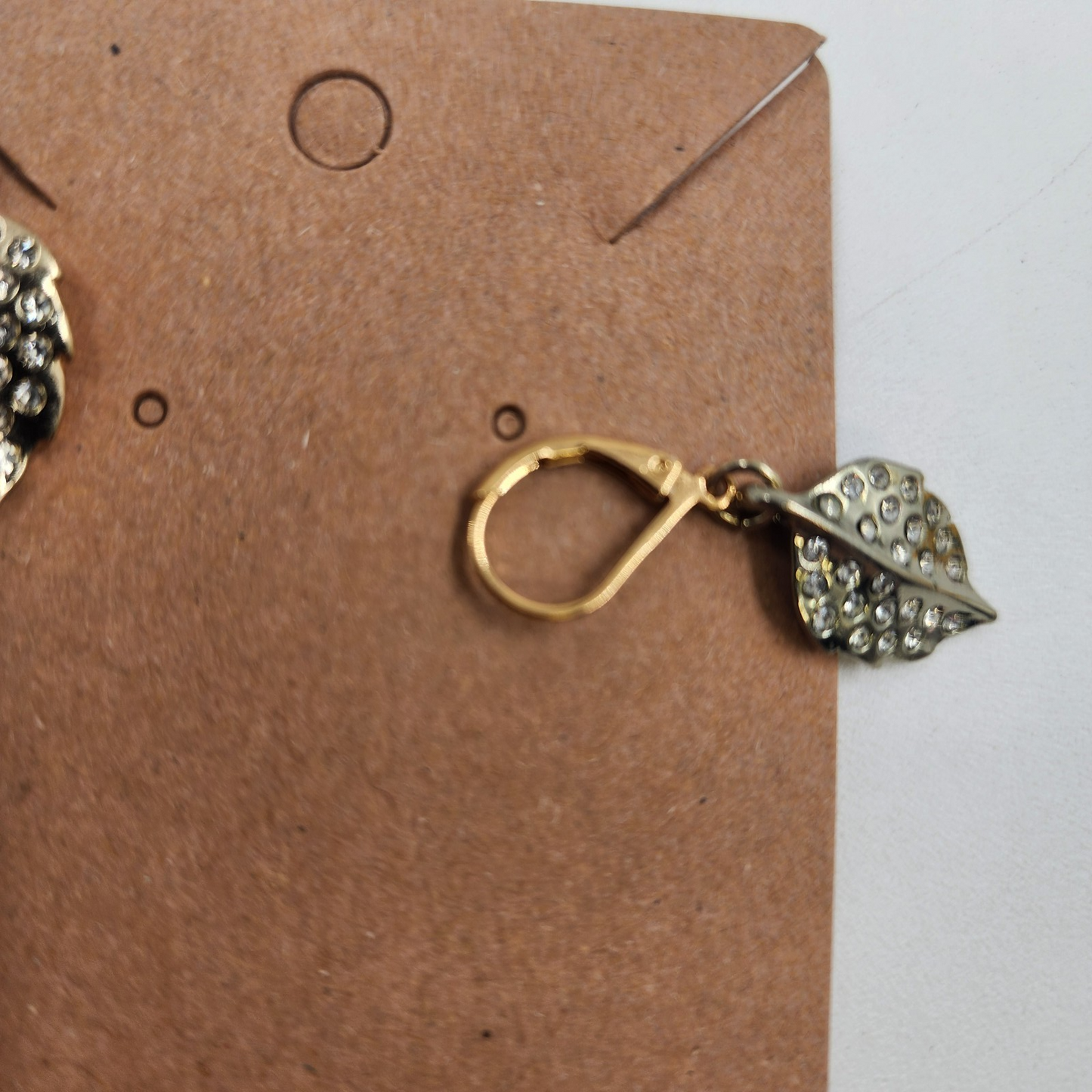 Gold Tone with Rhinestones Clear Crystal Leaf Shaped Drop Dangle Earrings 1.25"