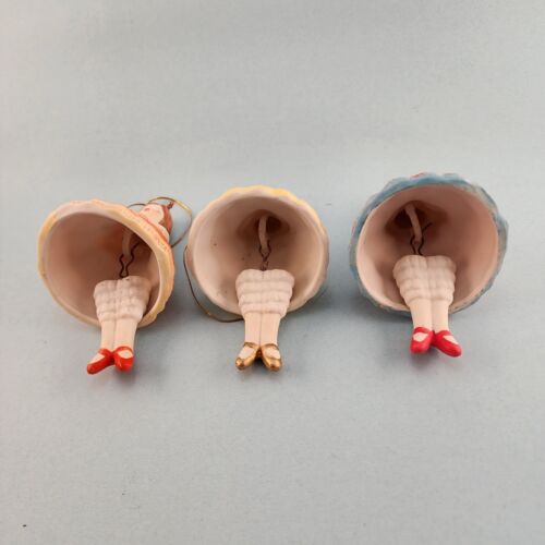 Three Young Girl Porcelain Bell Christmas Ornaments w Hanging Leg Chimes