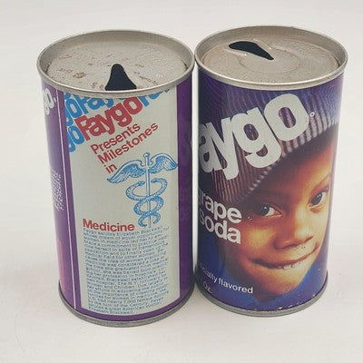 Set of 2 Faygo Fruit Grape Soda Pull Tab Empty Cans Medicine Milestones Vtg 1977