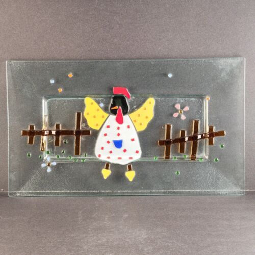 Fused Art Glass Chicken Barnyard Scene on Heavy Rectangle Large Platter 16½ x 9½