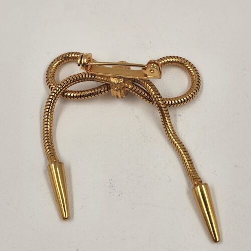 Gold Tone Mesh Rope Bow Brooch with Rhinestones & Tassels 1.5" Wide Vintage