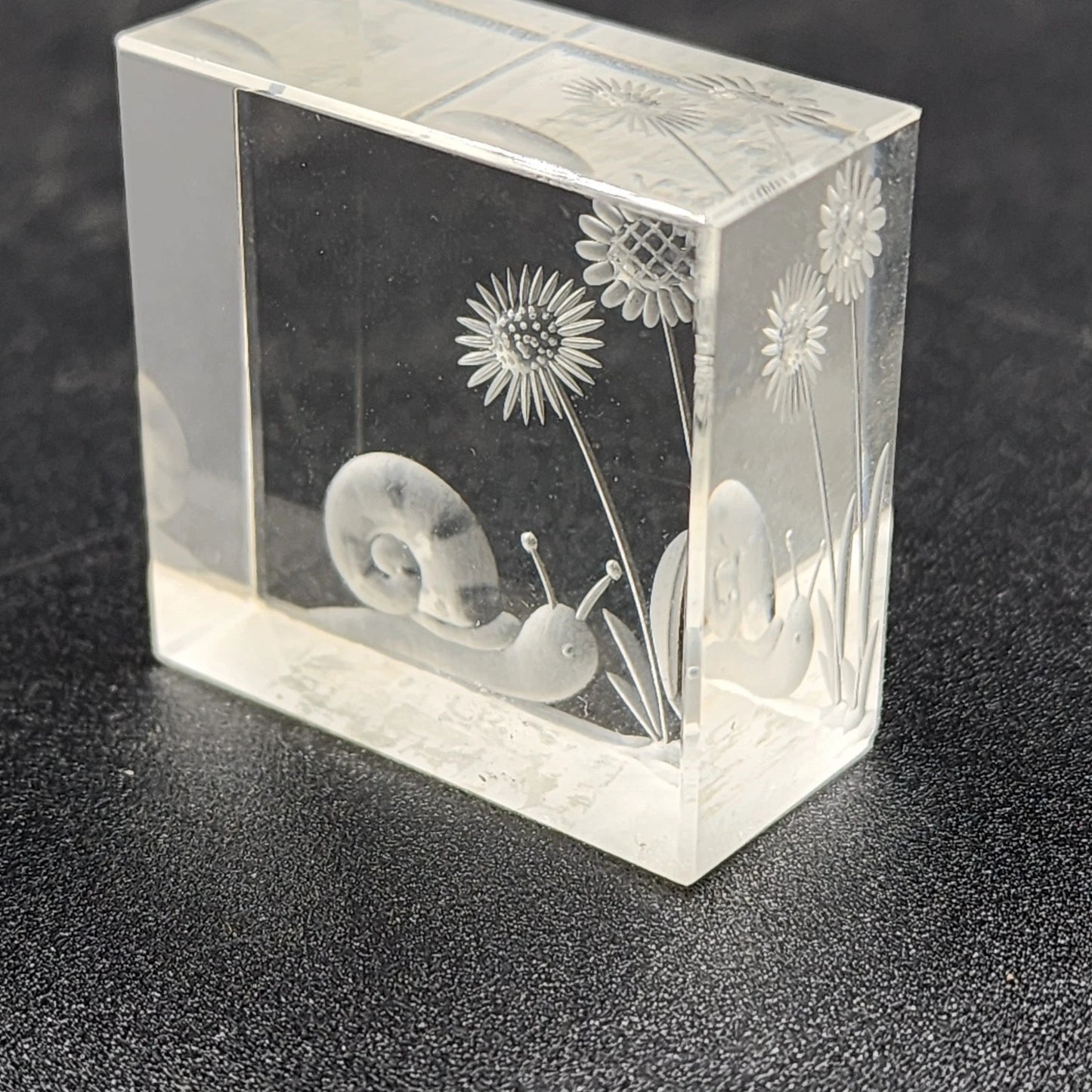 Reverse Etched Glass Paperweight Snail & Flower Design Clear Cube Collectible