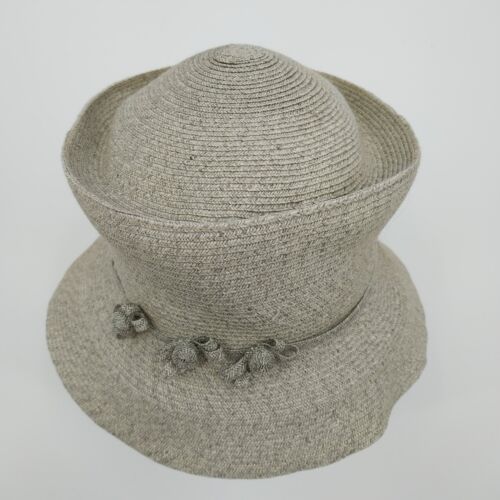 Deborah Rhodes Brimmed Hat Gray Straw Weave Bows Buttons 2.5" Women Medium