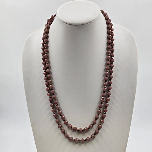 Gold Tone Pink Shiny Glass Faux Pearl Stone Bead Long Necklace 26.5"