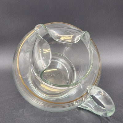 Round Bubble Shape Clear Glass Pitcher with 3 Gold Stripes & Ice Lip 8.5” 1950's