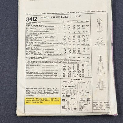 McCall's 3412 Vintage Sewing Pattern 1972 Uncut Misses' Dress and Jacket Size 16