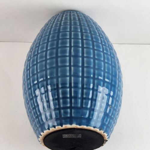 Blue Glazed Vase Geometric Grid Lines Pattern 6" Tall x 1.25" Mouth Rubber Base