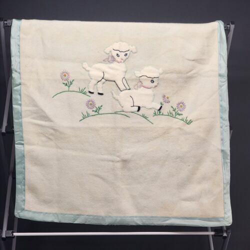Baby Blanket Appliqued Embroidered Lamb & Flowers Blue Satin Edging 38" x 28"