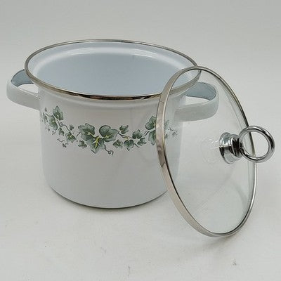 Corelle Coordinates Lincoware Callaway Enamel Mini Stock Pot with Glass Lid – 5" Vintage Green Ivy Design
