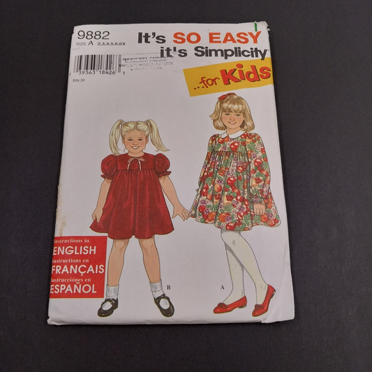 Simplicity 9882 Vintage Sewing Pattern 1995 Uncut Girl Child's Dress Size A 2-6x