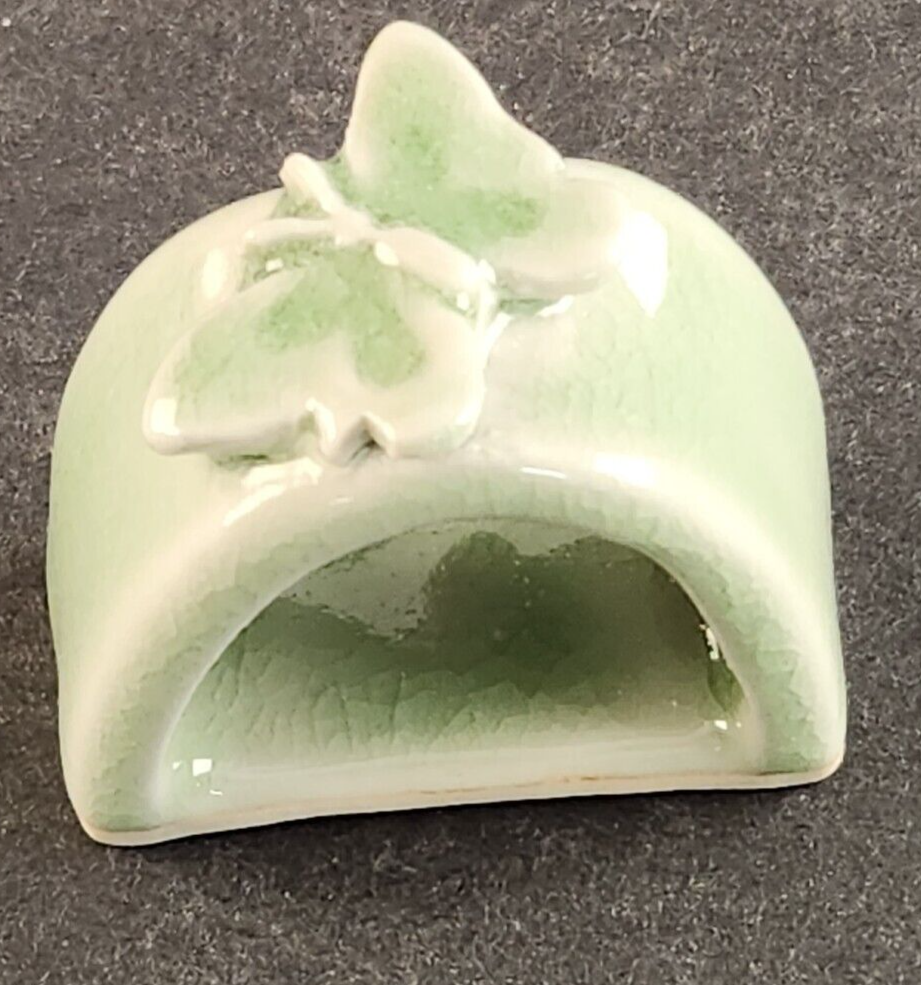 3 Thai Celadon Ceramic Green Butterfly Pattern Vintage Oval Napkin Rings