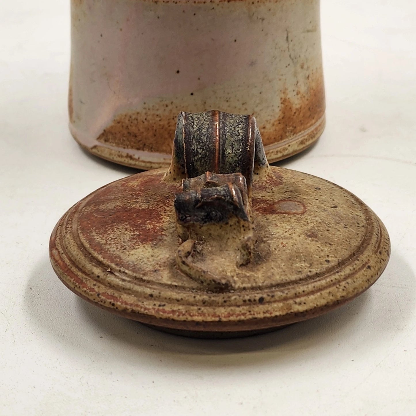 Handcrafted Speckled Stoneware Pottery Lidded Jar w Ribbon Handle Rustic Decor