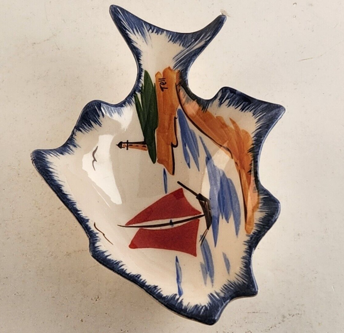 Vintage Tell UK Ceramic Nautical Trinket Dish Sailboat Fish Signed Tray