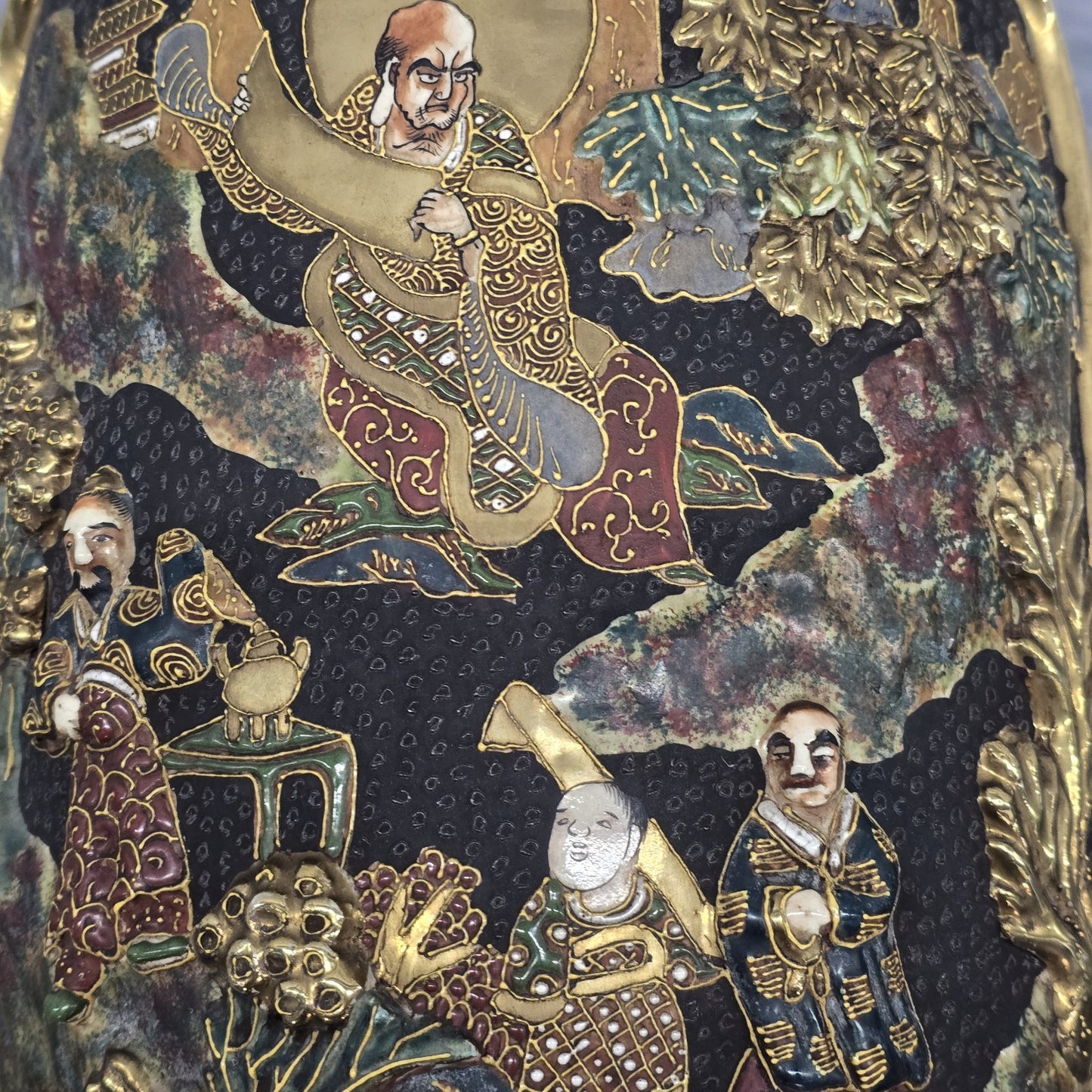 Antique Japanese Moriage Satsuma Vase – 14" Tall Porcelain Lamp Base – Gold Gilt & High Relief Hand-Painted Design – Heavy Sculptural Decor