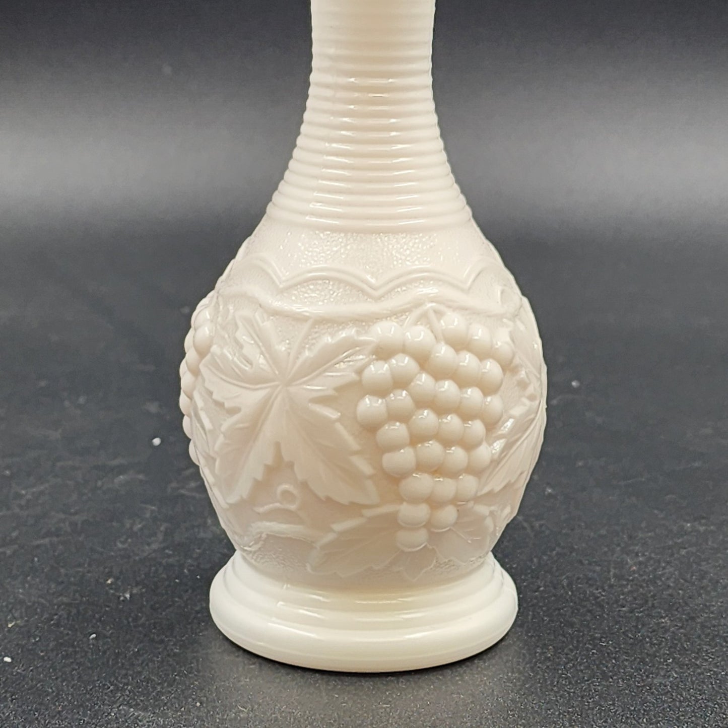 Imperial White Milk Glass Bud Vase Grape Pattern 6" Tall Rings Neck Vintage USA