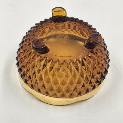 Indiana Glass Amber Diamond Point Three Foot Scalloped Gold Candy Dish Bowl 1970