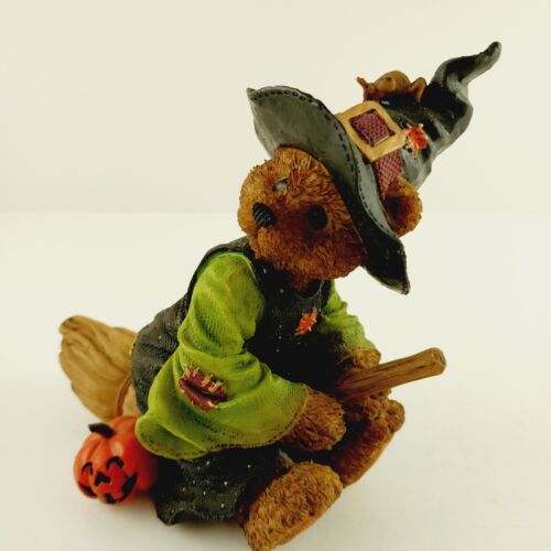 Witchie Bear Flying on her Broomstick Laughing Jack-O-Lantern Halloween Figurine