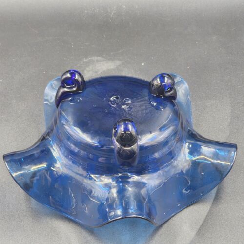 Hand Blown Blue Ruffled Glass Bowl 3 Affixed Feet 11" x 5" OOAK