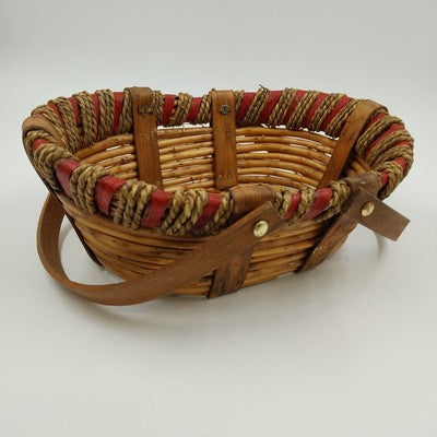 Wood Rattan Picnic Fruit Basket Swivel Handle Woven Red Rim 11x8.5"