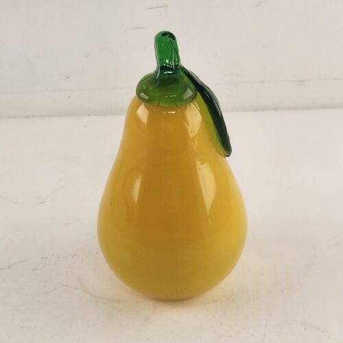 Art Glass Yellow Pear Green Stem Hand Crafted Decorative Vegetable 4.75" Tall