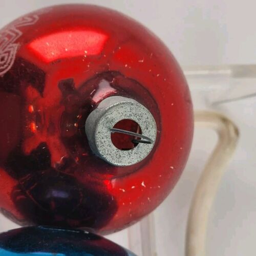 2 Vintage Glass Christmas Tree Ornaments Red Blue Bals White Printing