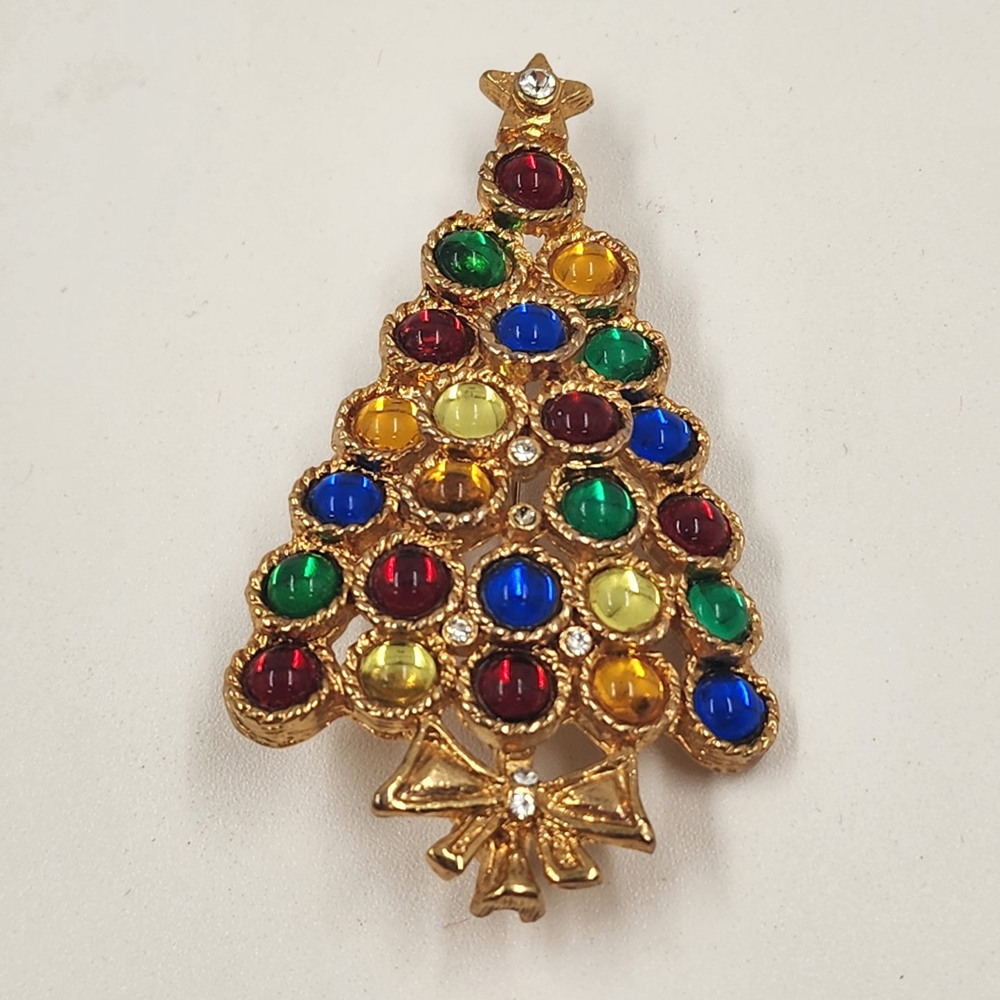 Christmas Tree Gold Tone Brooch w Multicolor Rhinestone Pin 2.5" Holiday Vintage