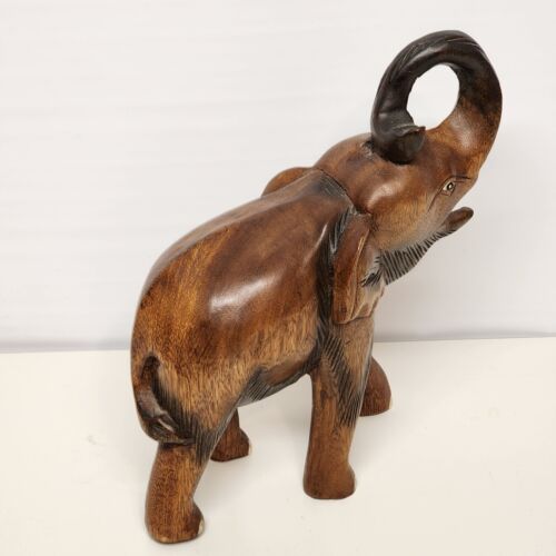 Wood Carved Elephant Painted and Stained Standing Vintage 10" L x 4½" W x 11" H