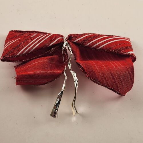 6 Red and White Striped 2 Loop Christmas Bow Decorations 5.5" Wide Glitter Ties