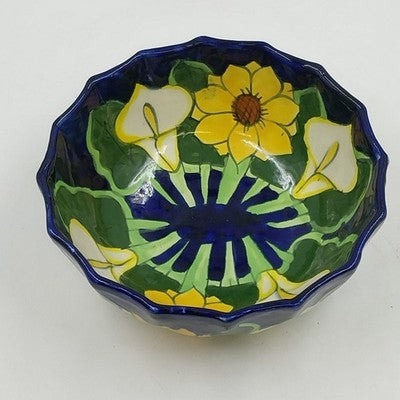 Mexican Folk Art Pottery Serving Bowl 8”x3" Talavera Sunflowers & Calla Lilies