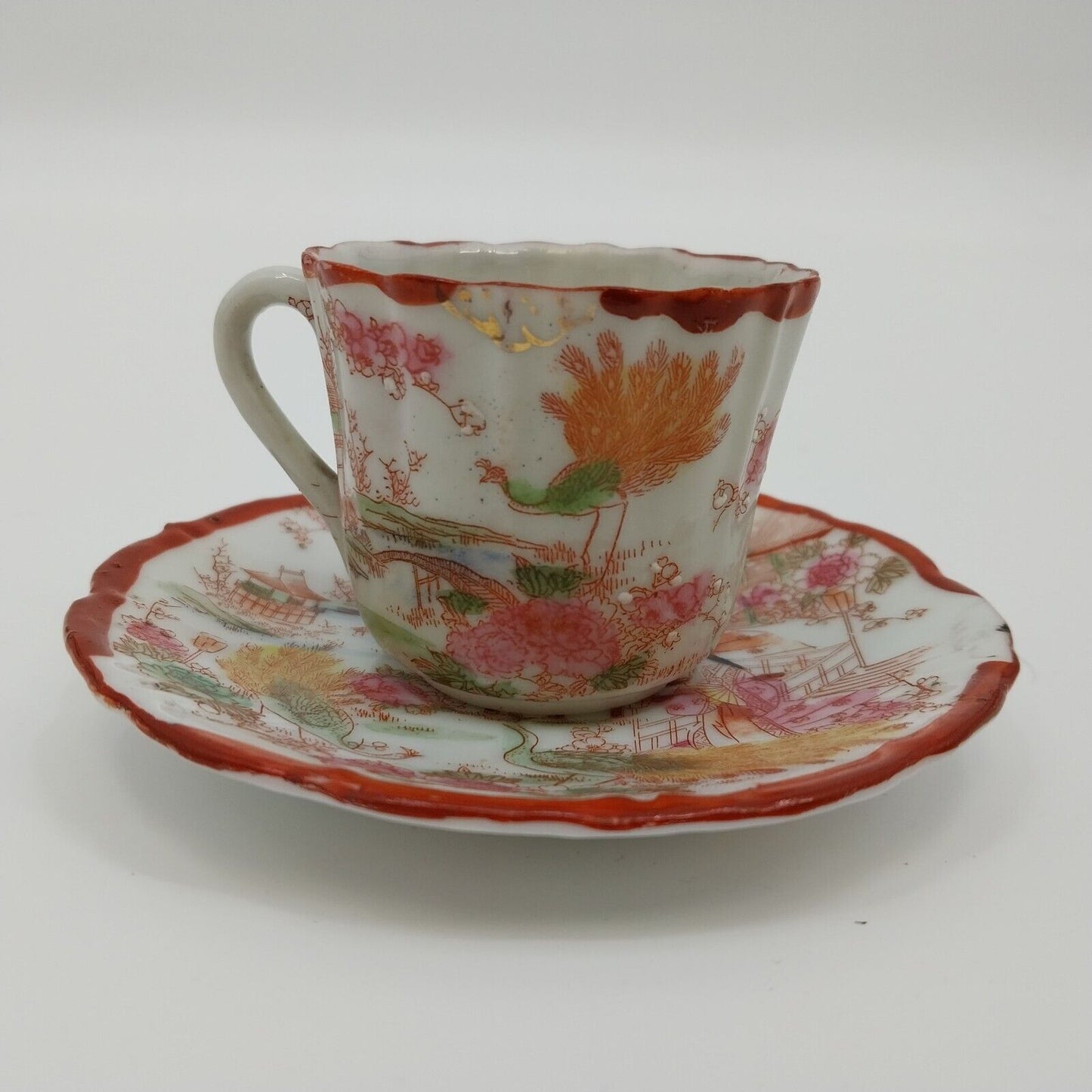 Kutani Eggshell Tea Cup and Saucer Japan Hand Painted Porcelain Geisha Ware 1900