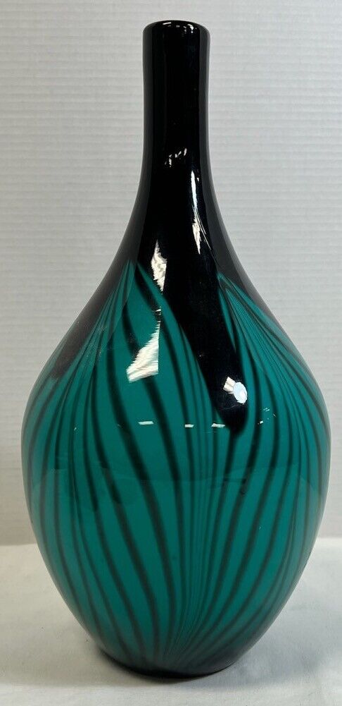 Murano Style Black Teal Swirled Cased Art Glass Italian Vase 15” Elegant Statement Piece Statement