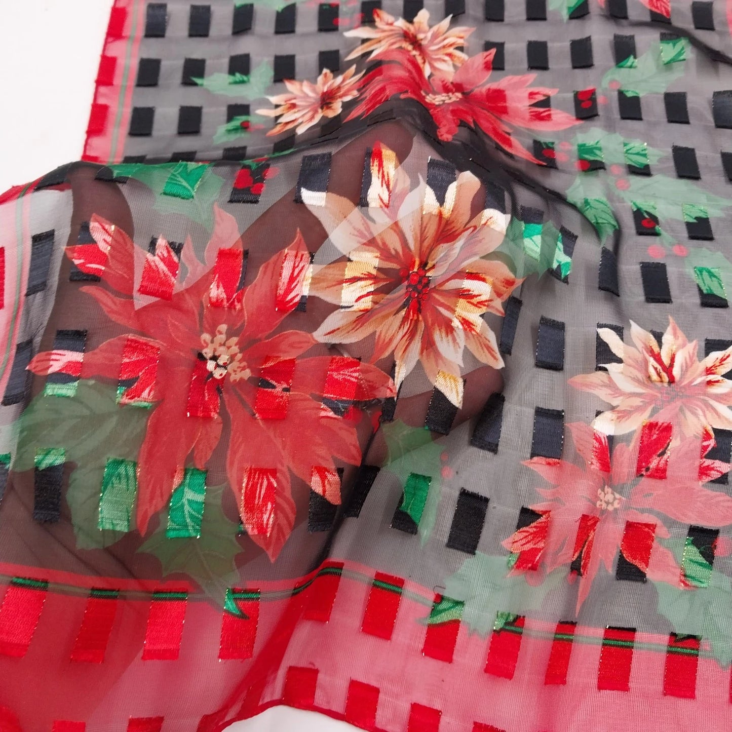 Cejon Accessories Oblong Scarf Multicolor Floral Black Red Border 60” x 13"