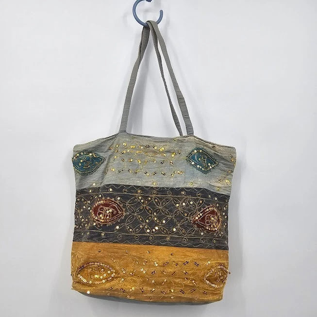 Boho Sequin Denim Cotton Tote Bag India Sparkle Blue Shoulder Purse Artisan 14"