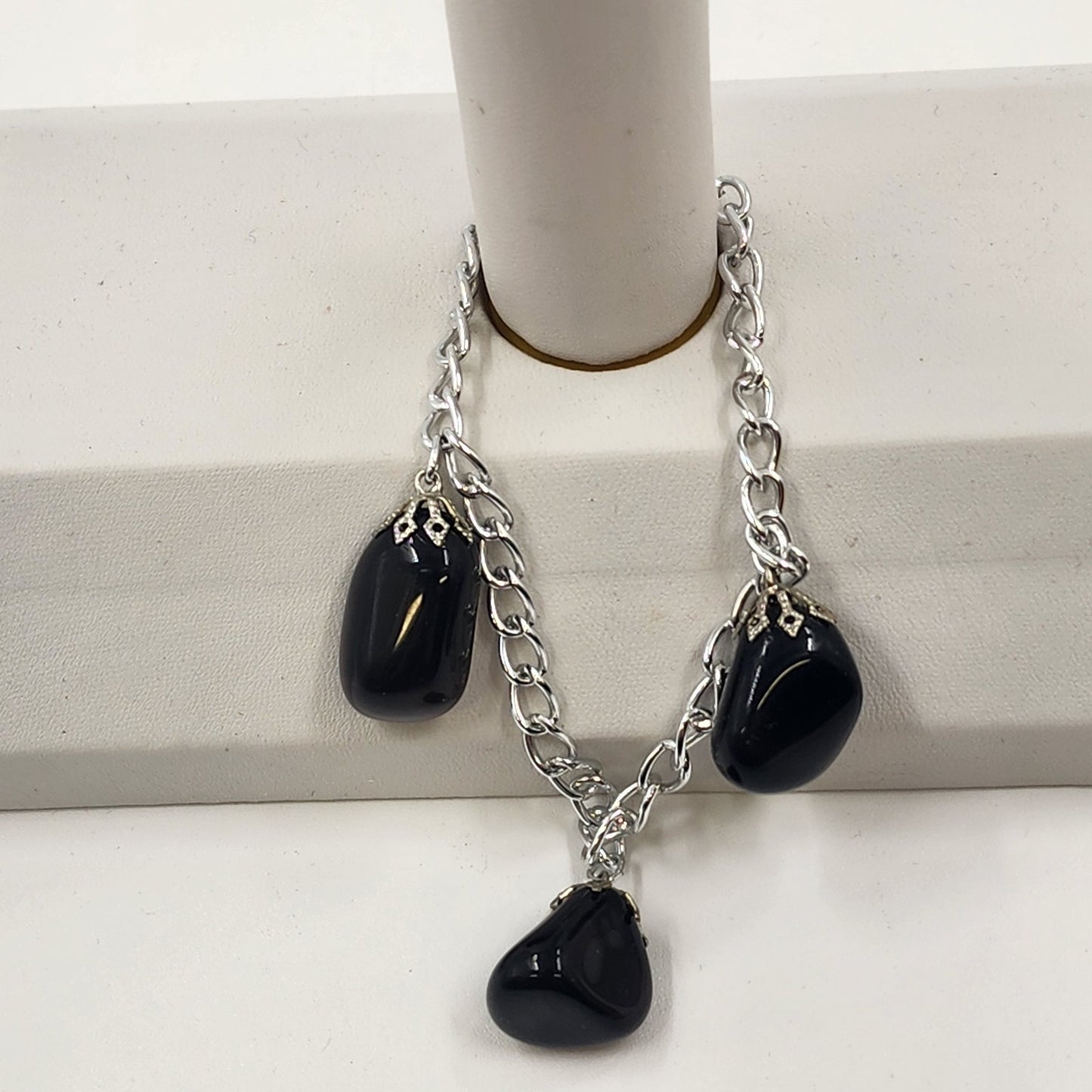 Polished Charm Black Amethyst Silver Tone Bracelet 8" Chain Aluminum Link