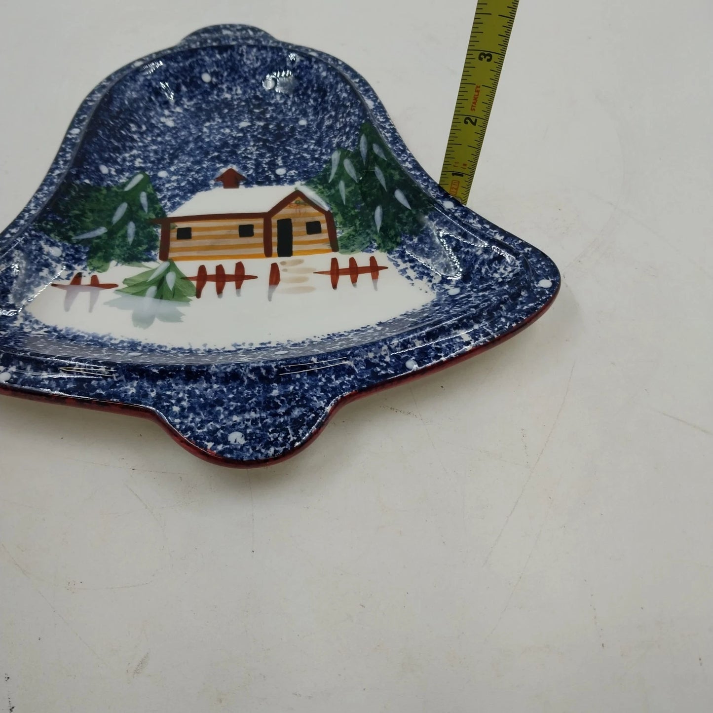 Cook's Bazaar Bell Shaped Plate 10x9" Holly Mountain Lodge Winter Scene Ceramic