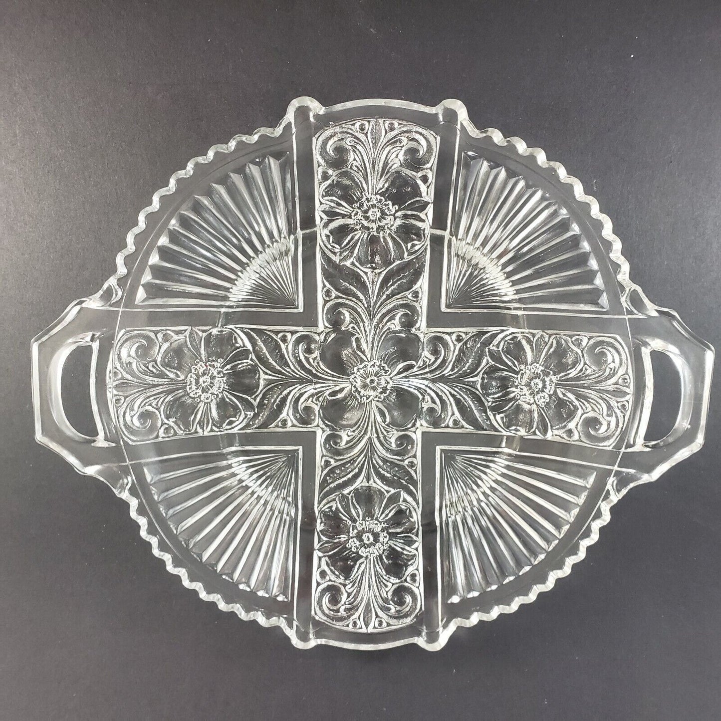 Clear 2 Handled Relish Plate Indiana Glass Killarney Pattern 10½" Across Vintage