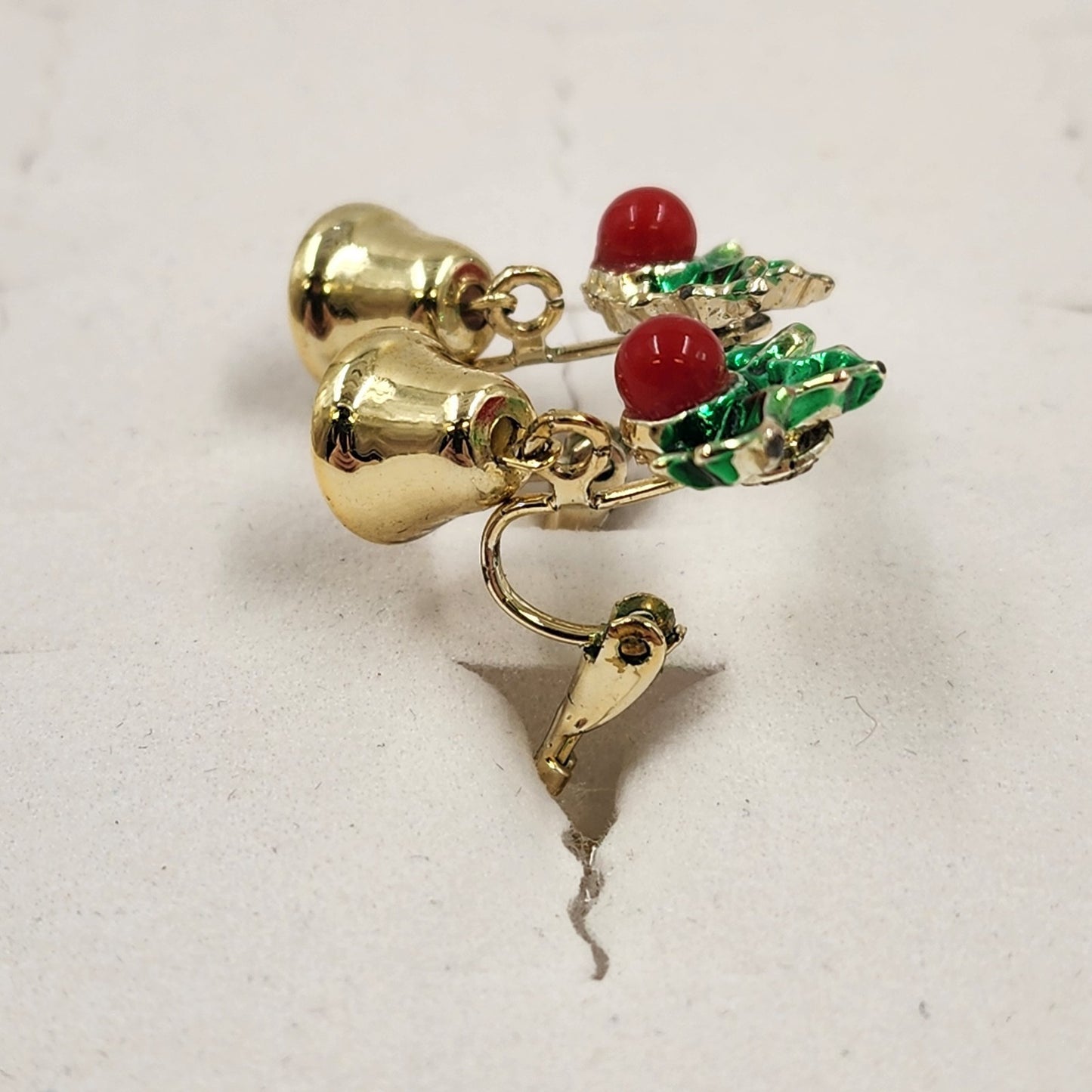 Gold Tone Holly & Bell Clip Earrings Vintage Christmas Fashion Jewelry 0.75"